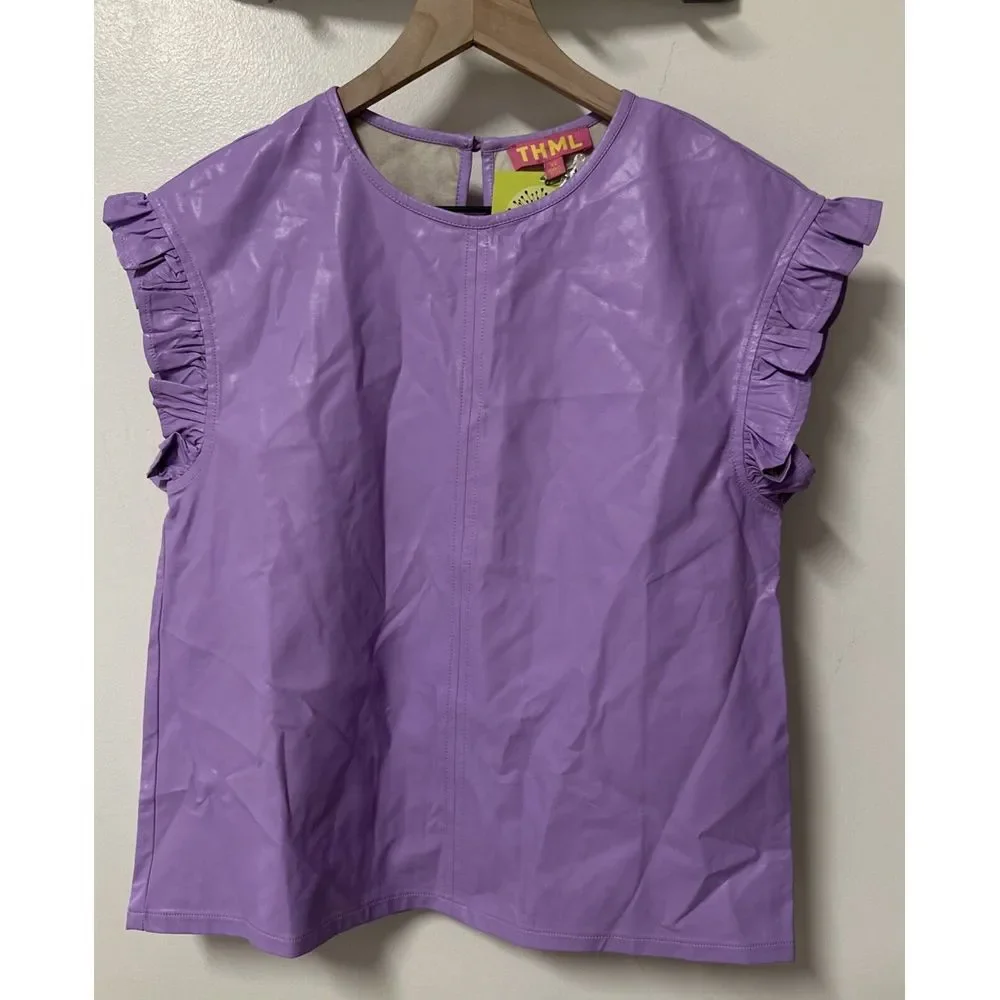 THML Cleo Lavender Vegan Faux Leather Flutter Short Sleeve Blouse Size XS - Picture 3 of 12